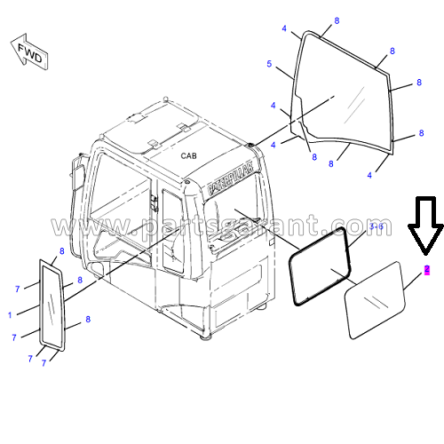 Cabin rear glass Caterpillar 325D