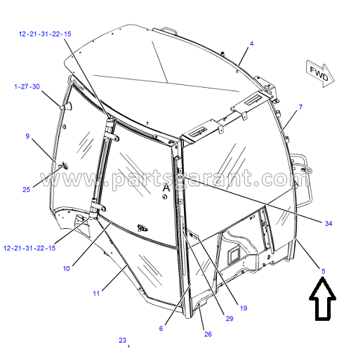 Cabin glass lower left Caterpillar 428 E