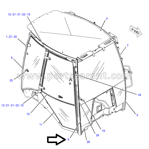 Cabin glass lower right Caterpillar 428 E