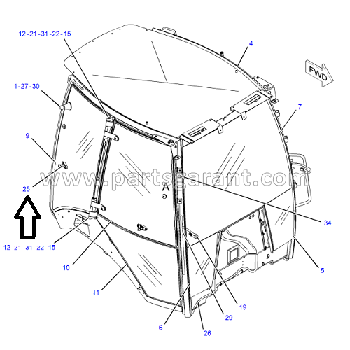 Cabin glass rear right Caterpillar 428 E