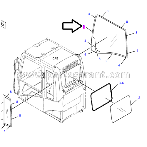 Cabin glass right Caterpillar 325D