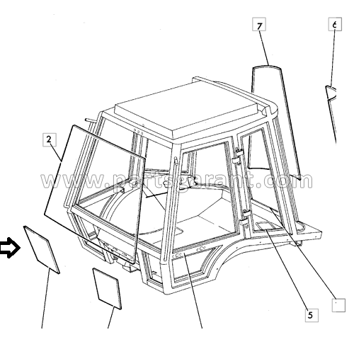 Cabin glass lower right JCB 3CX