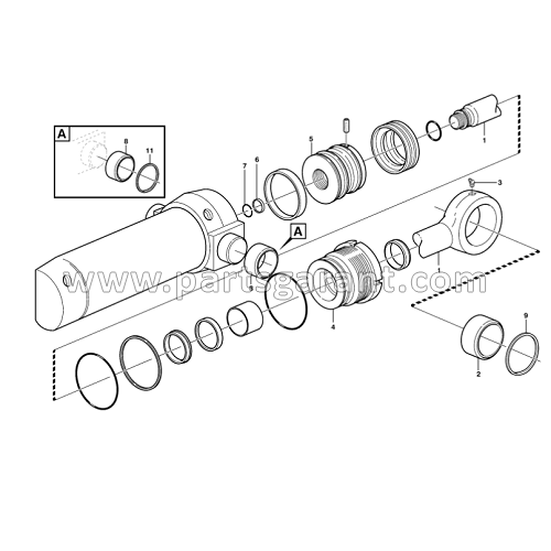 Rear boom swing hydraulic cylinder (L PROD) Volvo BL71